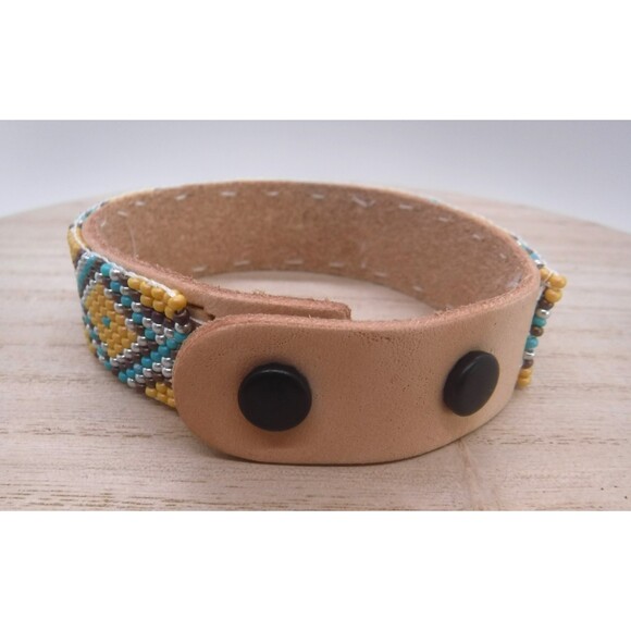 Loom Beaded Bracelet Teal & Brown on Leather - Picture 5 of 5